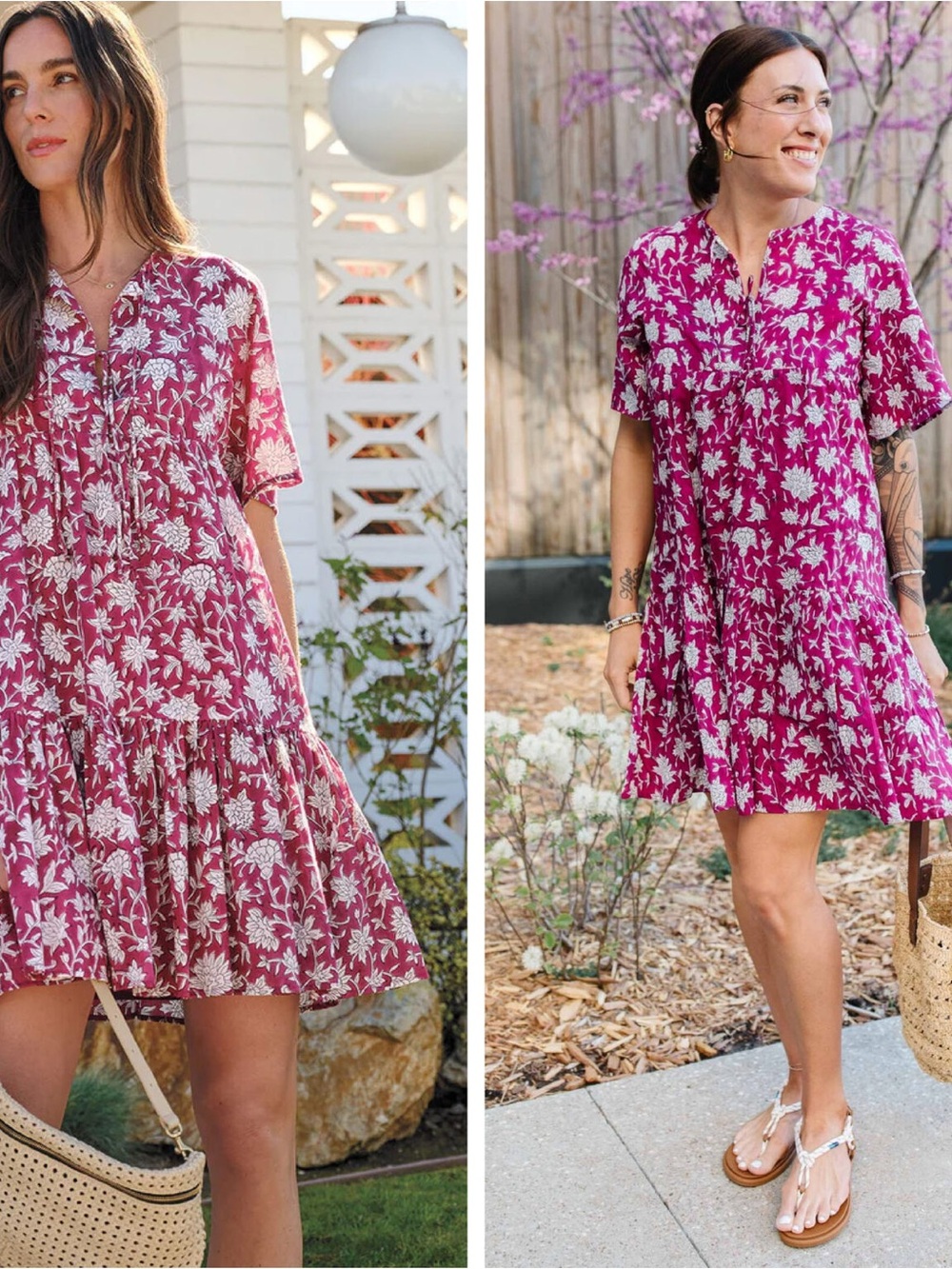 Emerson Fry X Evereve The Isla Dress Floral V-Neck Tiered Mini Dress in Magenta